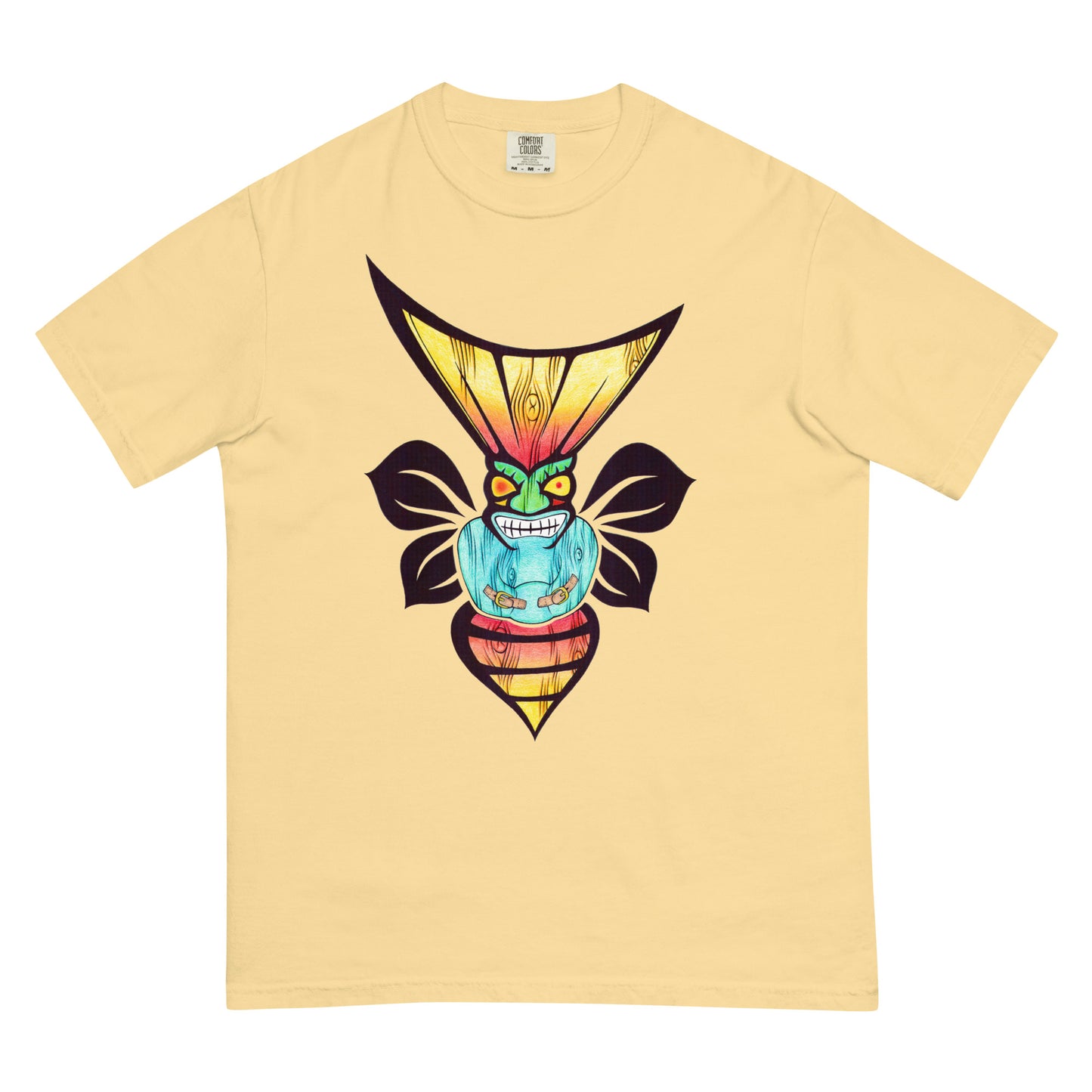 Tiki Straitjacket Bee art printed shirt on butter colored tee, short sleeves, soft and vibrant yellow color shirttiki-straitjacket-bee-unisex-t-shirt.jpg