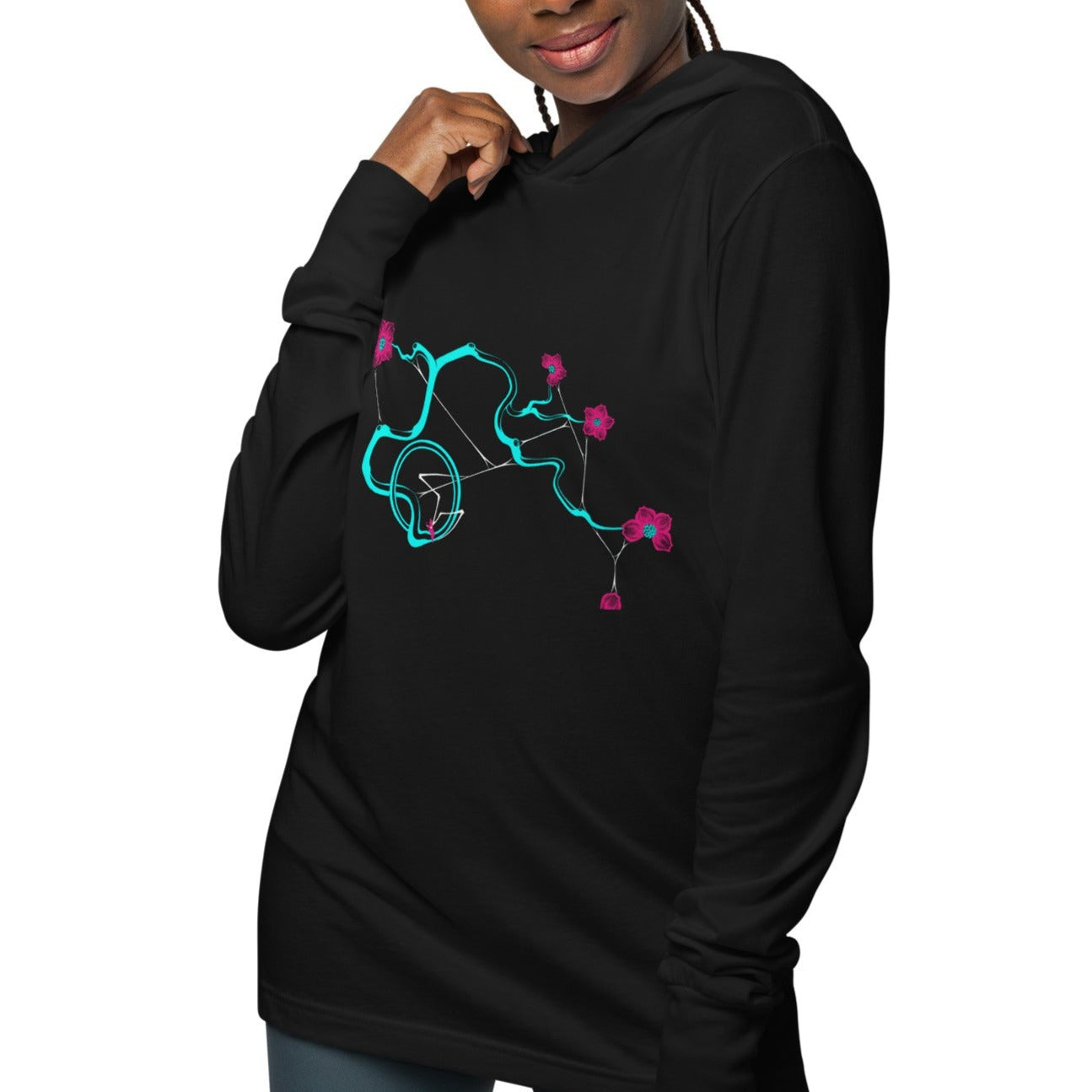 Turquoise Cherry Blossom Hooded Long-Sleeve Tee