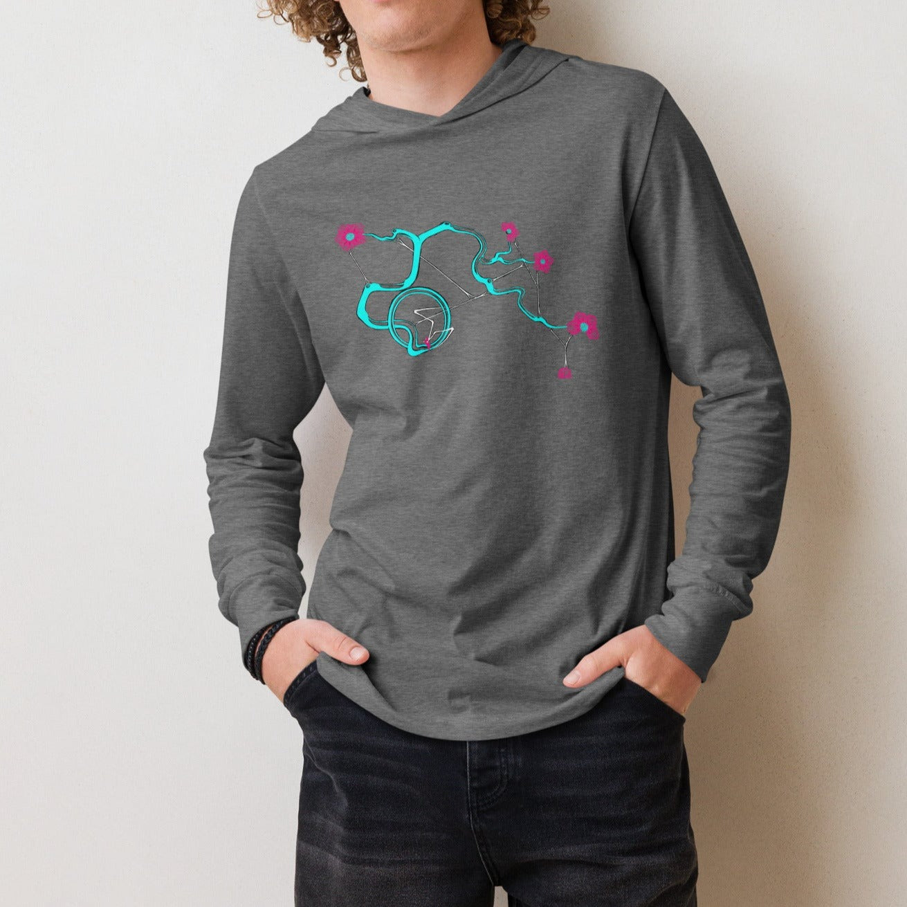 Turquoise Cherry Blossom Hooded Long-Sleeve Tee